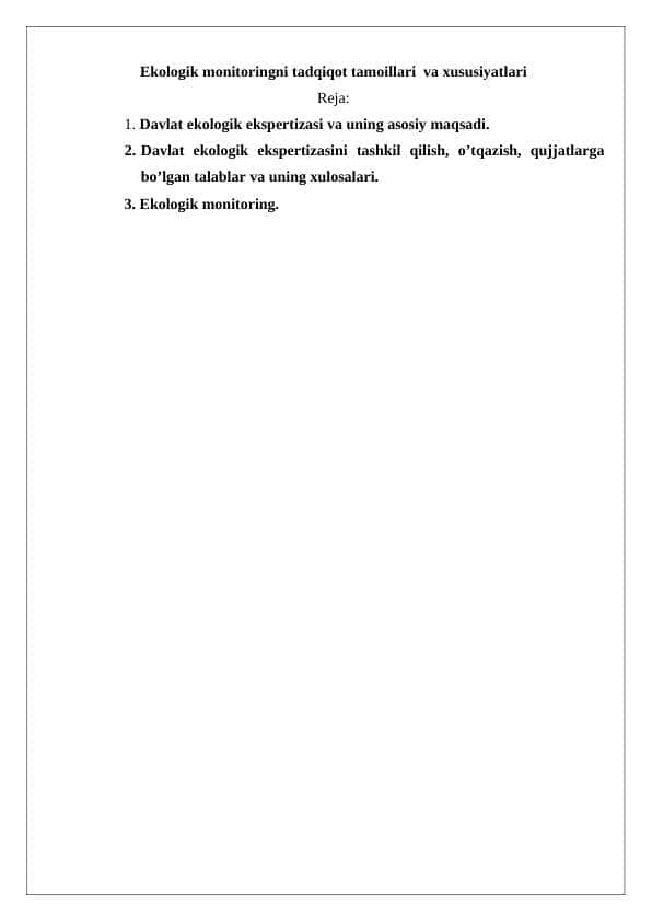 Ekologik monitoringni tadqiqot tamoillari va xususiyatlari