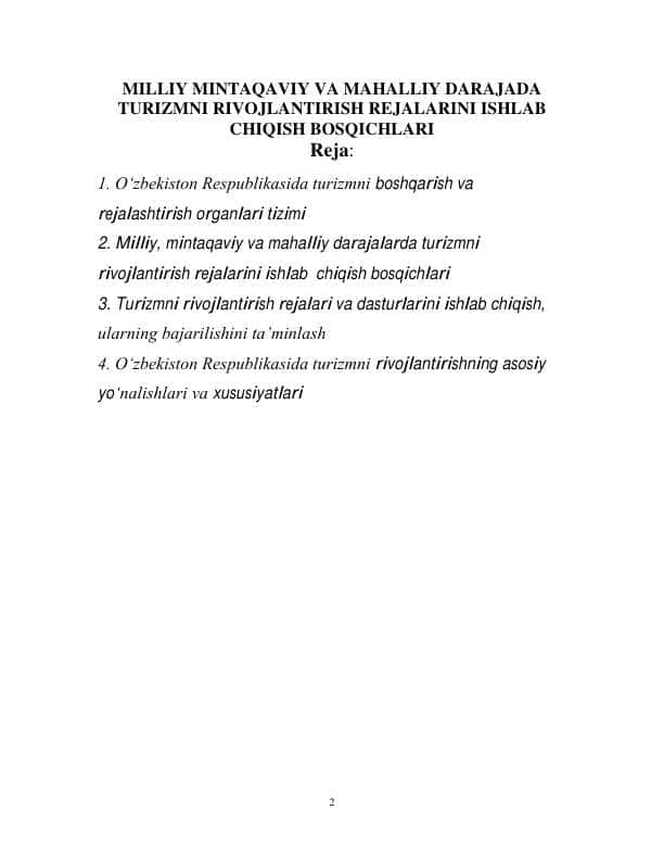 MILLIY MINTAQAVIY VA MAHALLIY DARAJADA TURIZMNI RIVOJLANTIRISH REJALARINI ISHLAB CHIQISH BOSQICHLARI