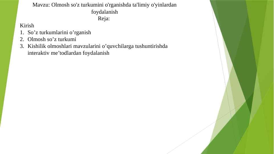Olmosh so'z turkumini o'rganishda ta'limiy o'yinlardan foydalanish