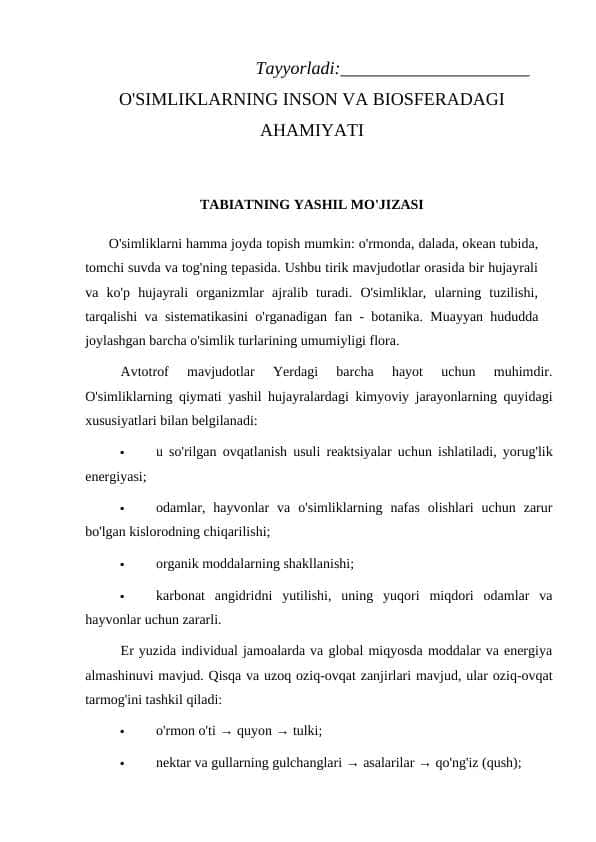 O'SIMLIKLARNING INSON VA BIOSFERADAGI AHAMIYATI