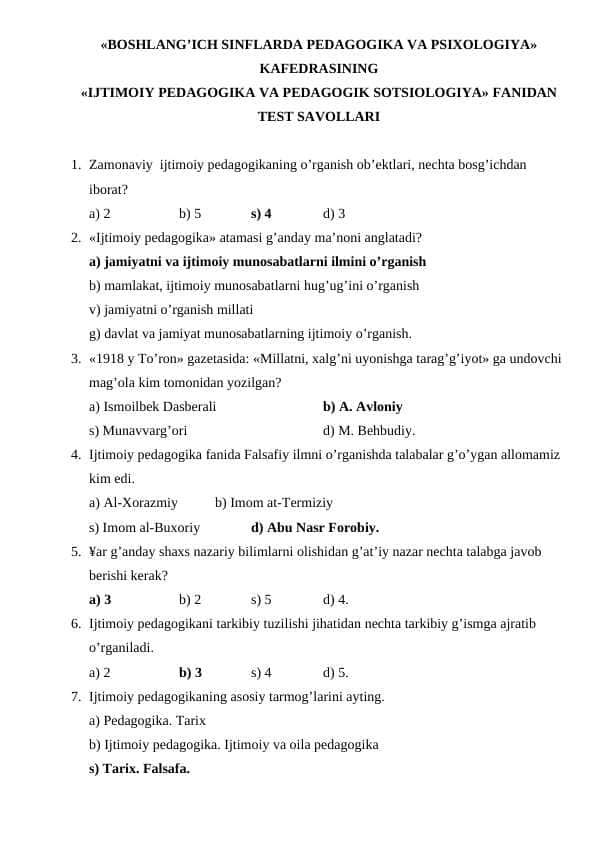 test savollari javoblari bilan «IJTIMOIY PEDAGOGIKA VA PEDAGOGIK SOTSIOLOGIYA» FANIDAN TEST SAVOLLARI