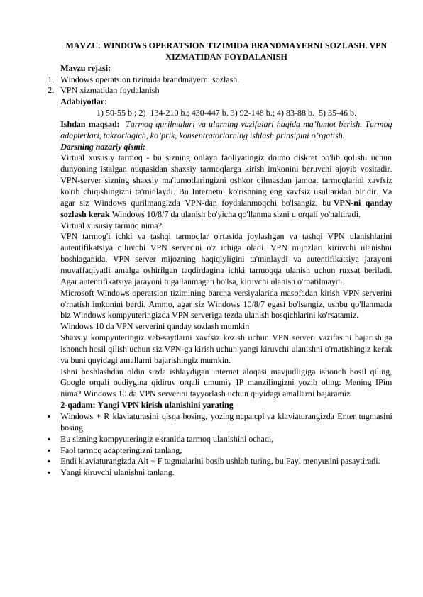 WINDOWS OPERATSION TIZIMIDA BRANDMAYERNI SOZLASH. VPN XIZMATIDAN FOYDALANISH