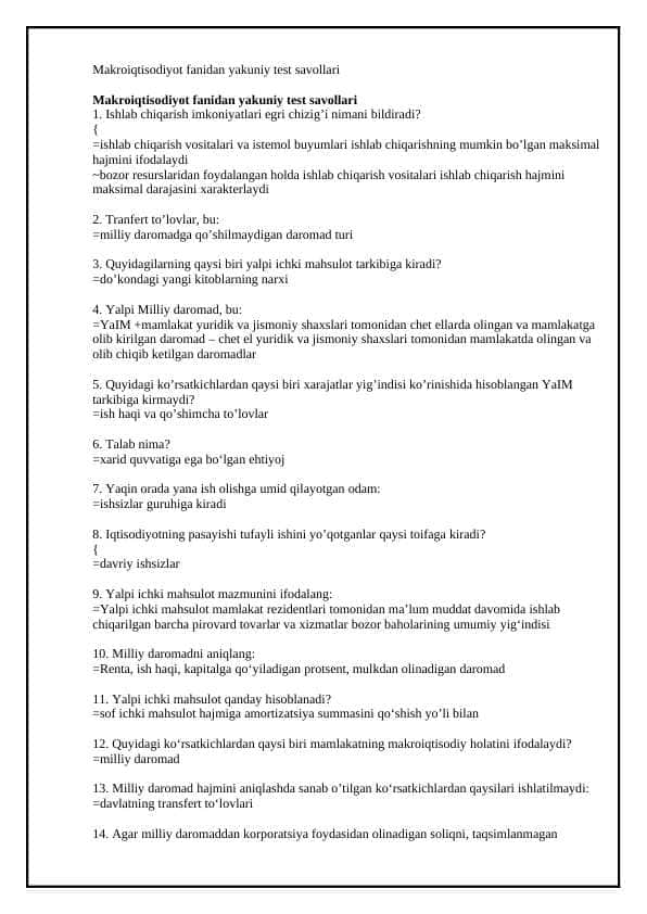MAKROIQTISODIYOT FANIDAN 100 TALIK TEST, JAVOBLARI BILAN