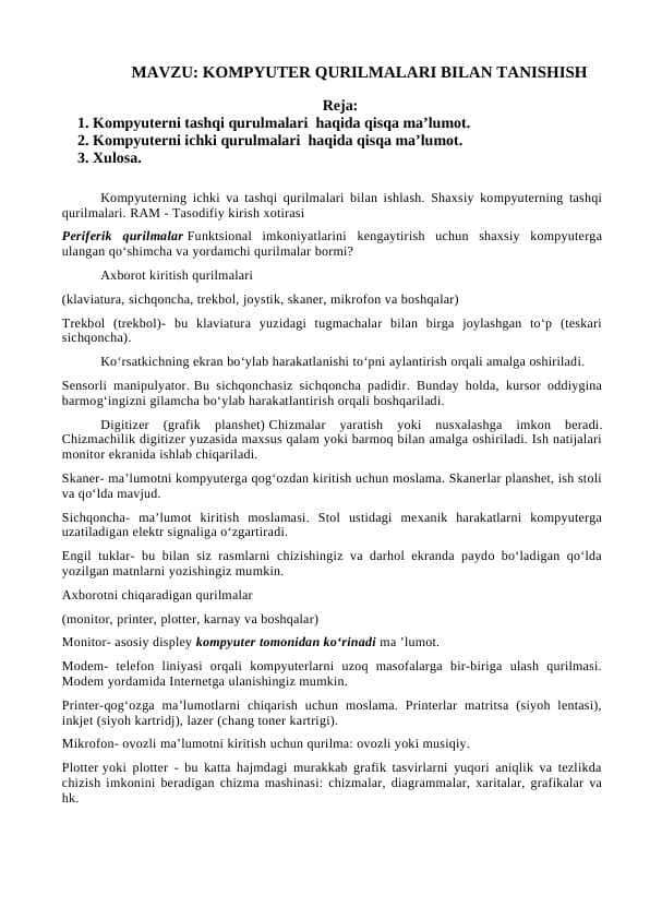 MAVZU: KOMPYUTER QURILMALARI BILAN TANISHISH