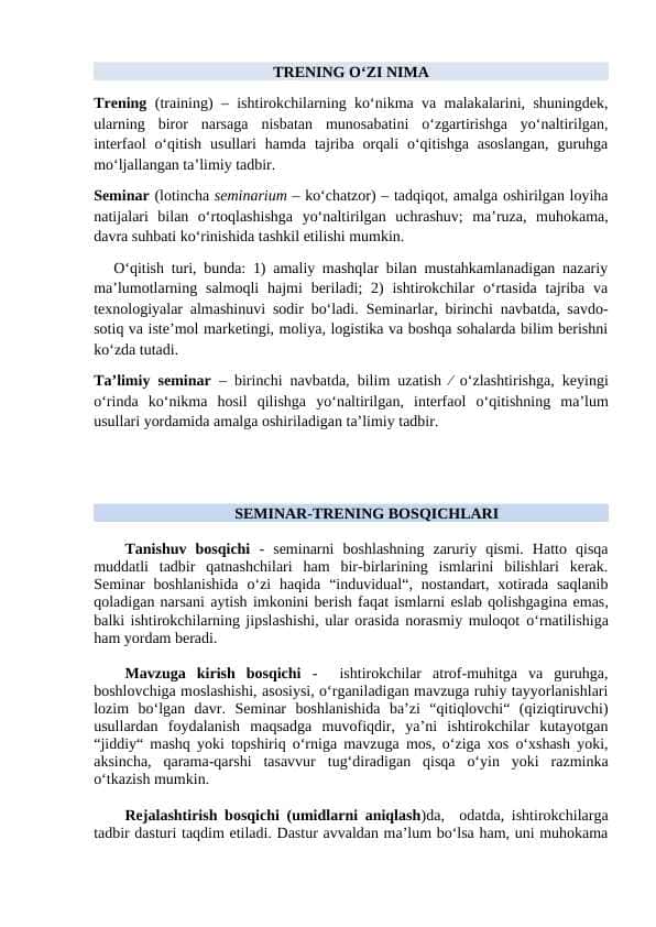 Psixologik seminar-treninglar haqida ma`lumotlar va ularning bosqichlari.