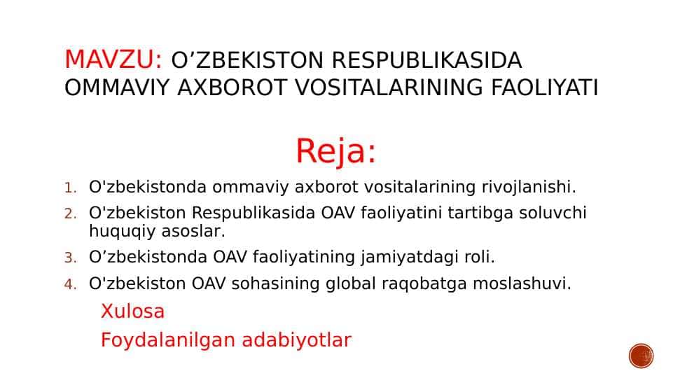 O’zbekiston Respublikasida ommaviy axborot vositalarining faoliyati