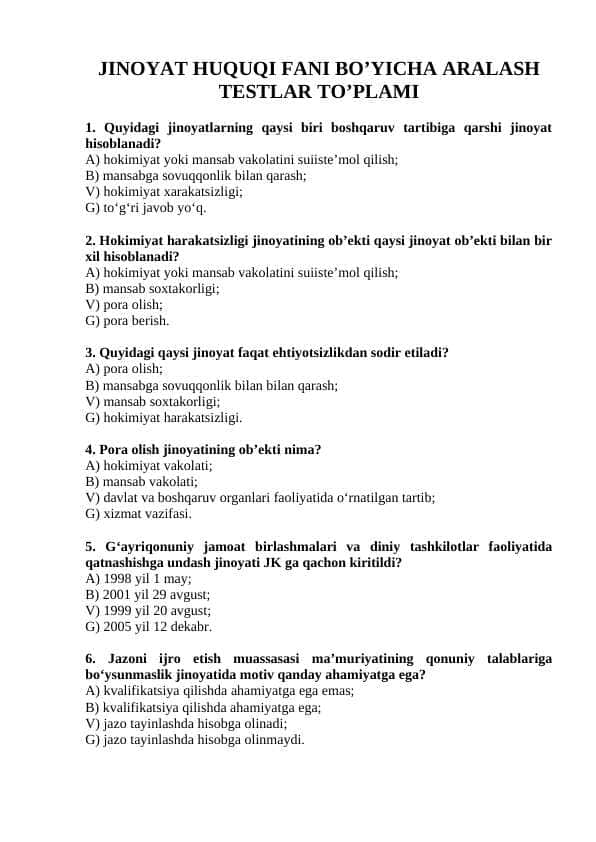 Jinoyat huquqi fanidan aralash testlar