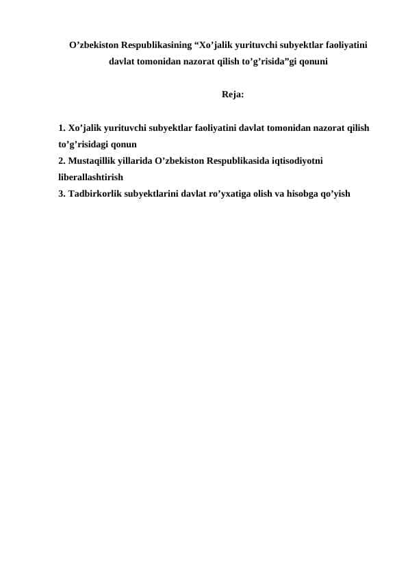 Xo’jalik yurituvchi subyektlar faoliyatini davlat tomonidan nazorat qilish to’g’risida