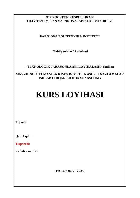 KIMYOVIY TOLA ASOSLI GAZLAMALAR ISHLAB CHIQARISH