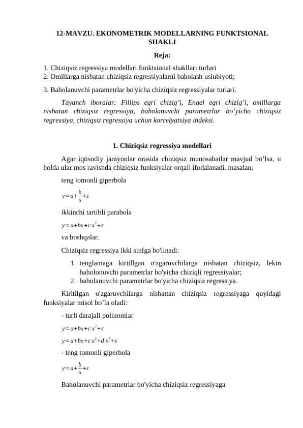 EKONOMETRIK MODELLARNING FUNKTSIONAL SHAKLI