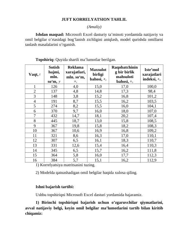 JUFT KORRELYATSION TAHLIL (Amaliy)