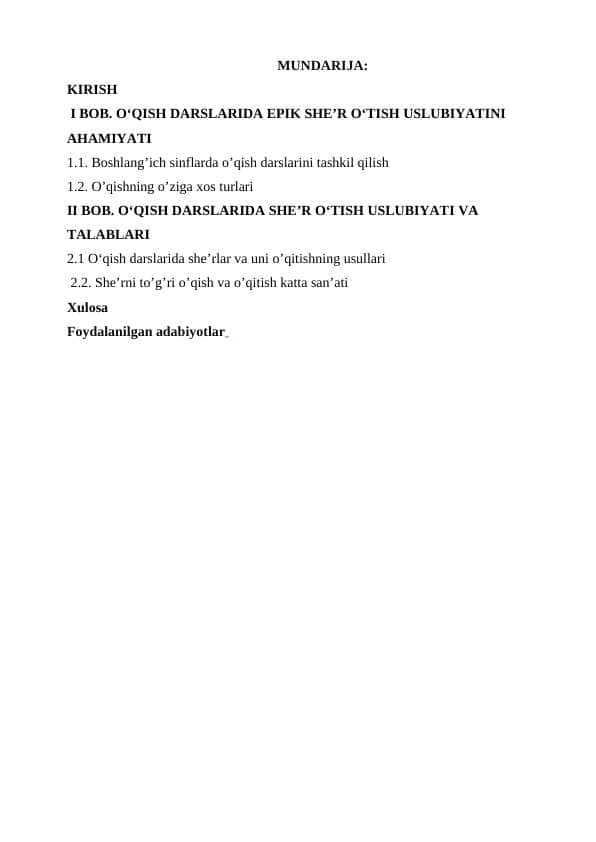 O‘QISH DARSLARIDA EPIK SHE’R O‘TISH USLUBIYATINI AHAMIYATI