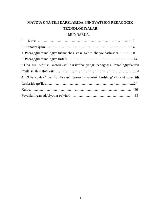 ONA TILI DARSLARIDA INNOVATSION PEDAGOGIK TEXNOLOGIYALAR