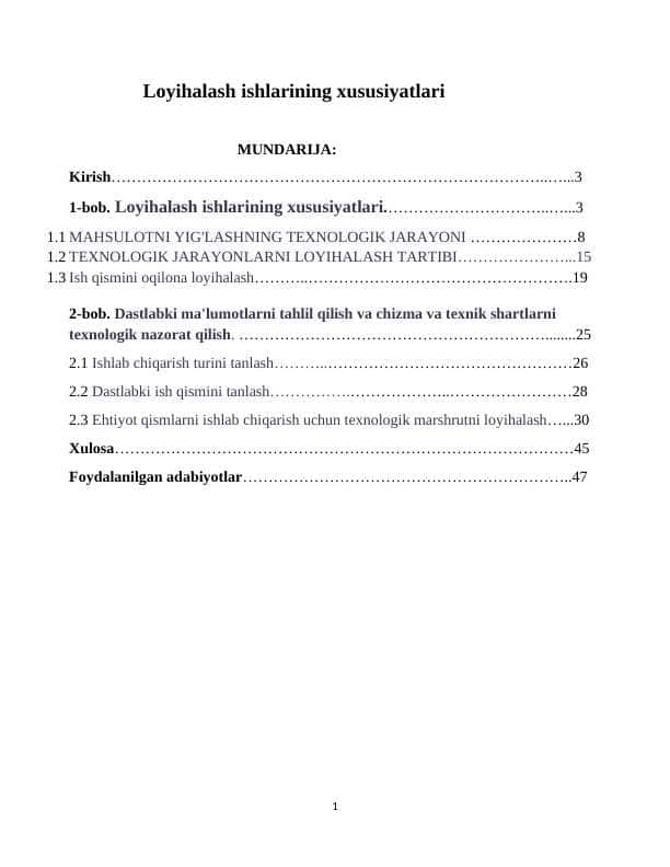 Loyihalash ishlarining xususiyatlari