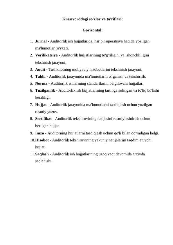 Auditorlik tashkilotining ish xujjatlari krassvord