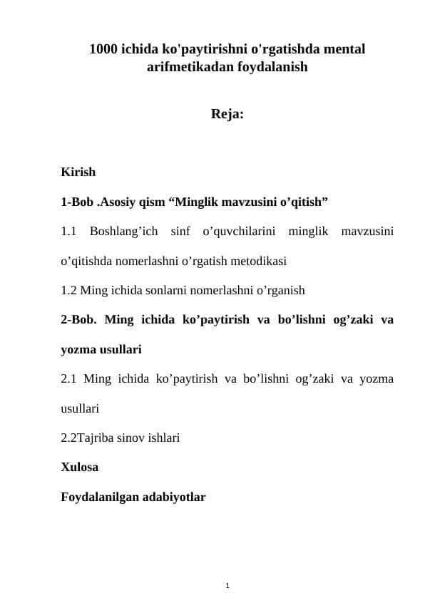 1000 ichida ko'paytirishni o'rgatishda mental arifmetikadan foydalanish