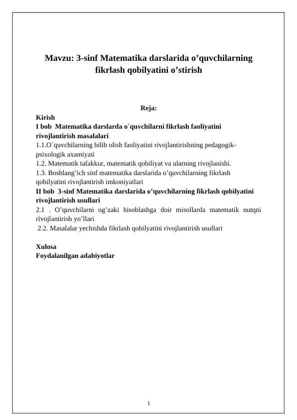 3-sinf Matematika darslarida o’quvchilarning fikrlash qobilyatini o’stirish