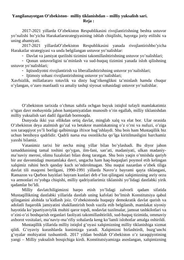 Yangilanayotgan O’zbekiston: milliy tiklanishdan – milliy yuksalish sari