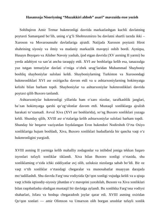 Hаsаnхоjа Nisоriyning “Muzаkkiri аhbоb” аsаri” mavzuida esse yozish