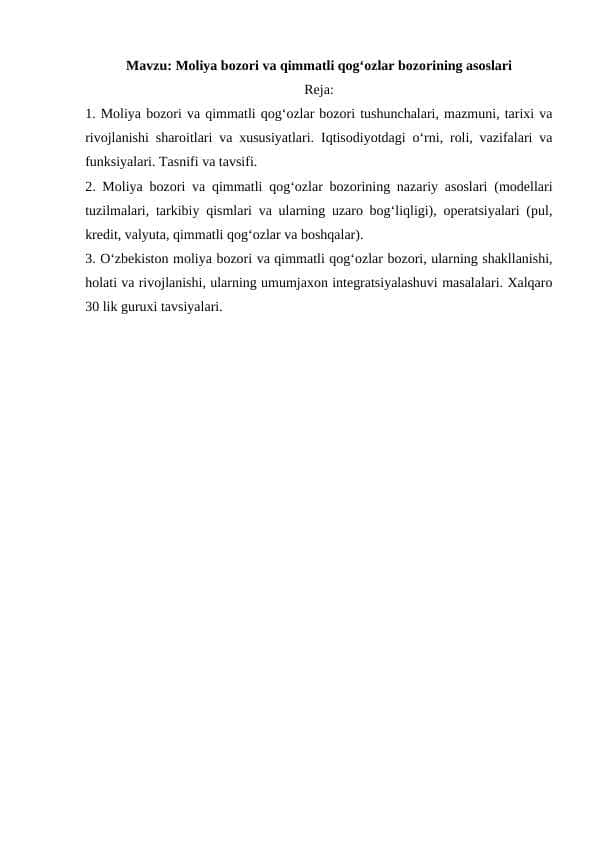 Moliya bozori va qimmatli qog‘ozlar bozorining asoslari