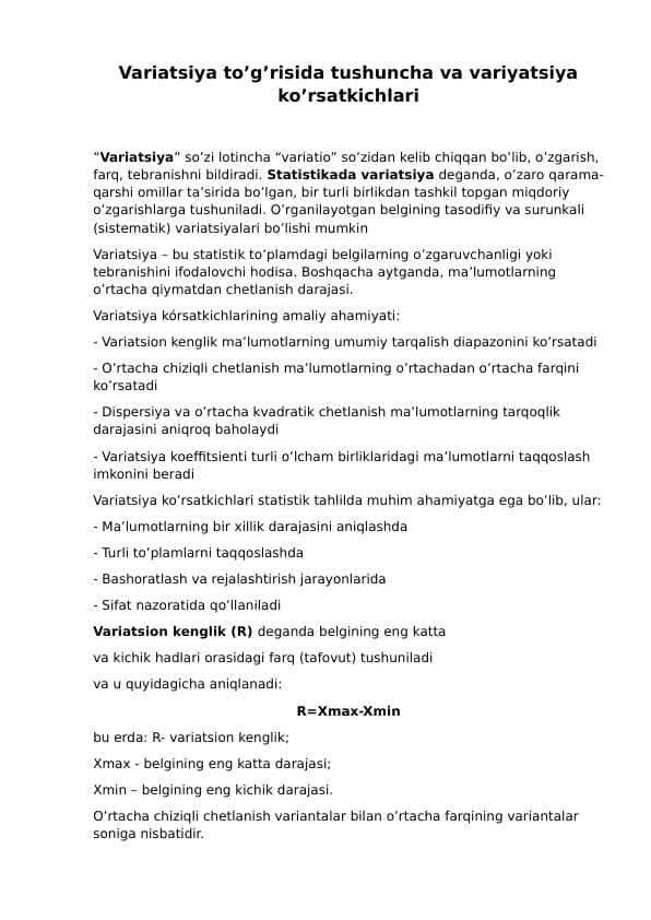 Variatsiya koʻrsatkichlari va variatsiya toʻgʻrisida tushuncha