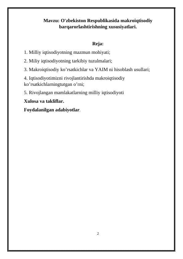 O'zbekiston Respublikasida makroiqtisodiy barqarorlashtirishning xususiyatlari.