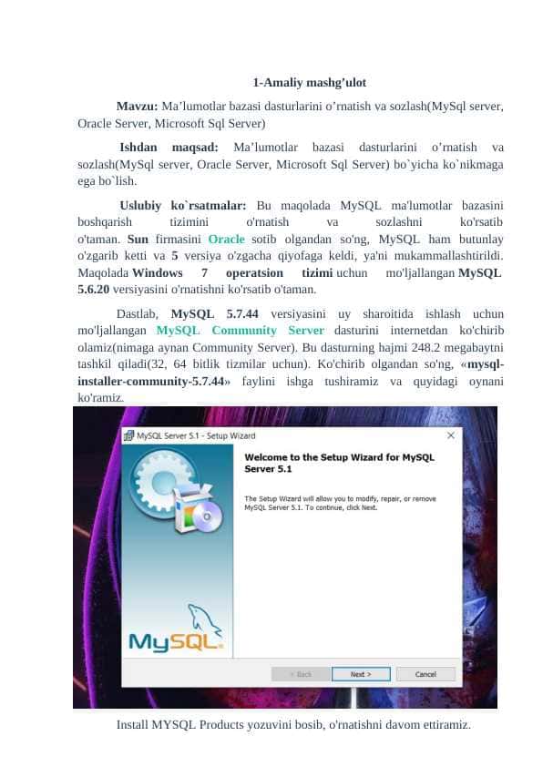 Ma’lumotlar bazasi dasturlarini o’rnatish va sozlash(MySql server, Oracle Server, Microsoft Sql Server.docx