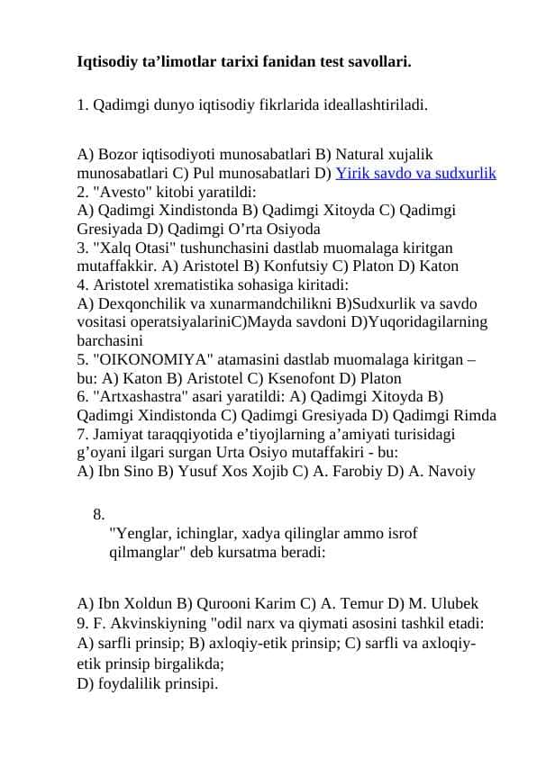 Iqtisodiy taʼlimotlar tarixi fanidan test savollari (25 ta)