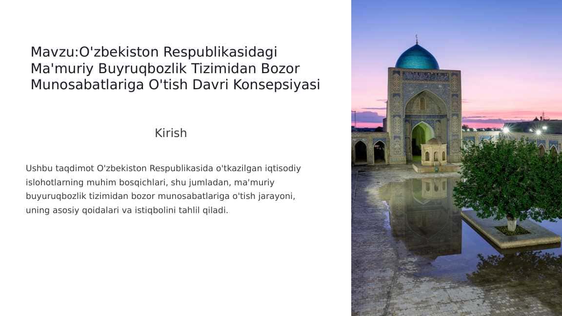 O'zbekiston Respublikasidagi Ma'muriy Buyruqbozlik Tizimidan Bozor Munosabatlariga O'tish Davri Konsepsiyasi