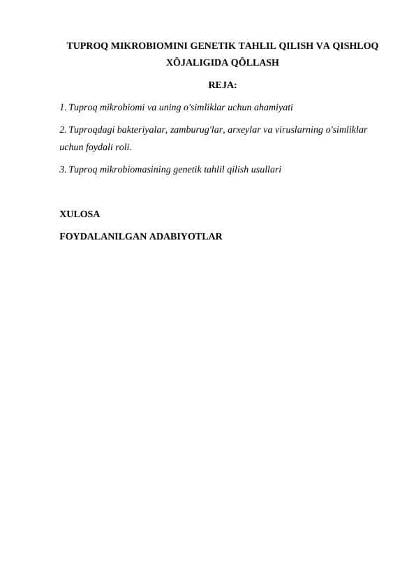 TUPROQ MIKROBIOMINI GENETIK TAHLIL QILISH VA QISHLOQ XÔJALIGIDA QÔLLASH
