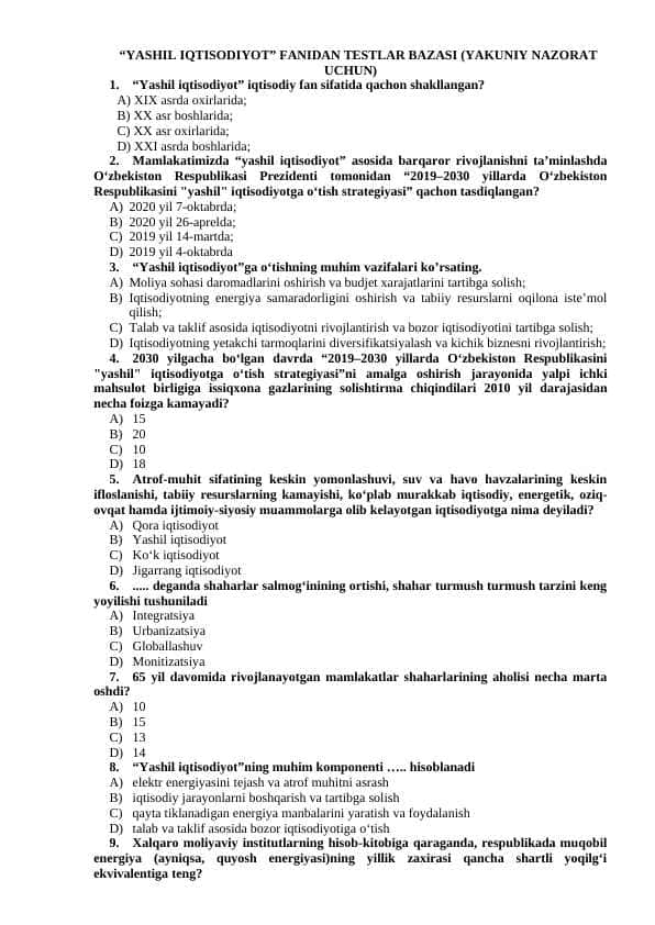 YASHIL IQTISODIYOT” FANIDAN TESTLAR BAZASI (YAKUNIY NAZORAT UCHUN