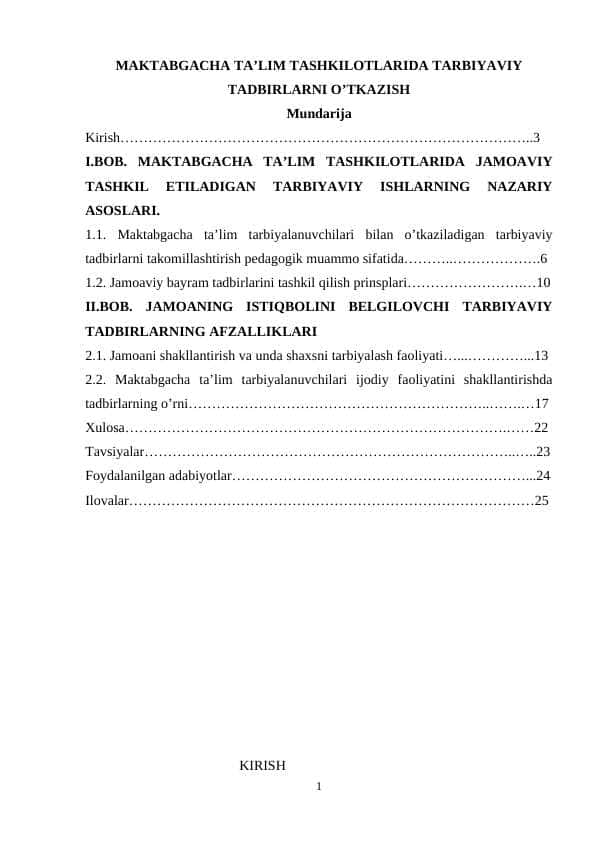 MAKTABGACHA TA’LIM TASHKILOTLARIDA TARBIYAVIY TADBIRLARNI O’TKAZISH
