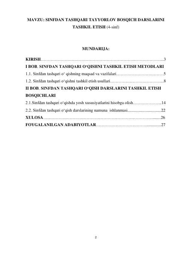 SINFDAN TASHQARI TAYYORLOV BOSQICH DARSLARINI TASHKIL ETISH (4-sinf)