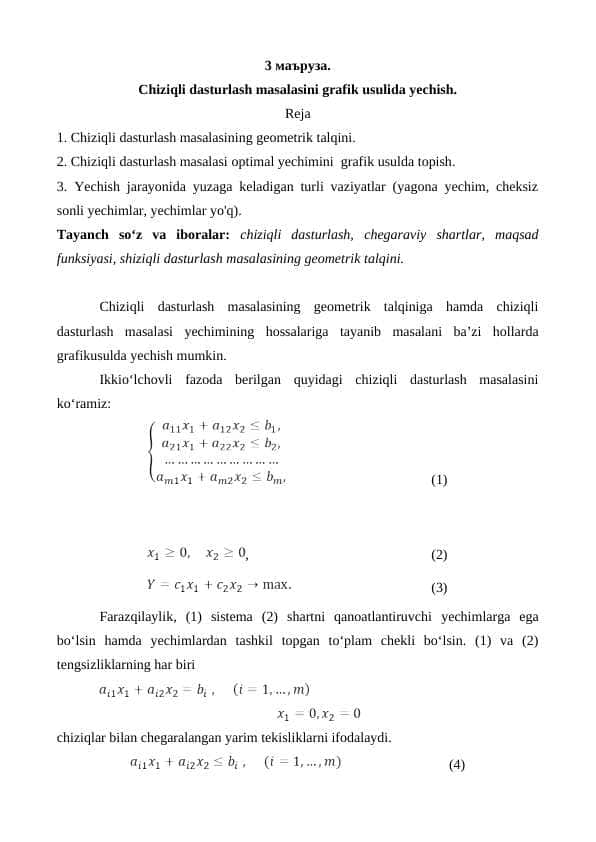 Chiziqli dasturlash masalasini grafik usulida yechish