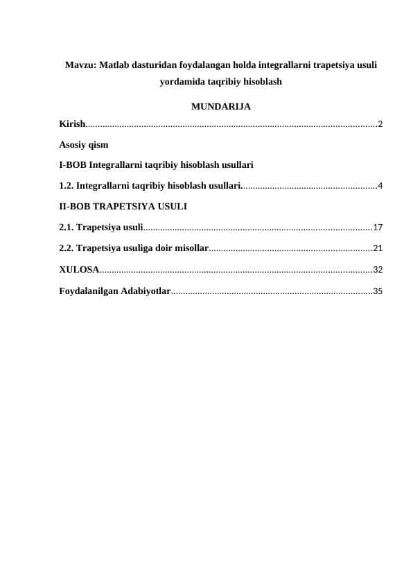 Matlab dasturidan foydalangan holda integrallarni trapetsiya usuli yordamida taqribiy hisoblash