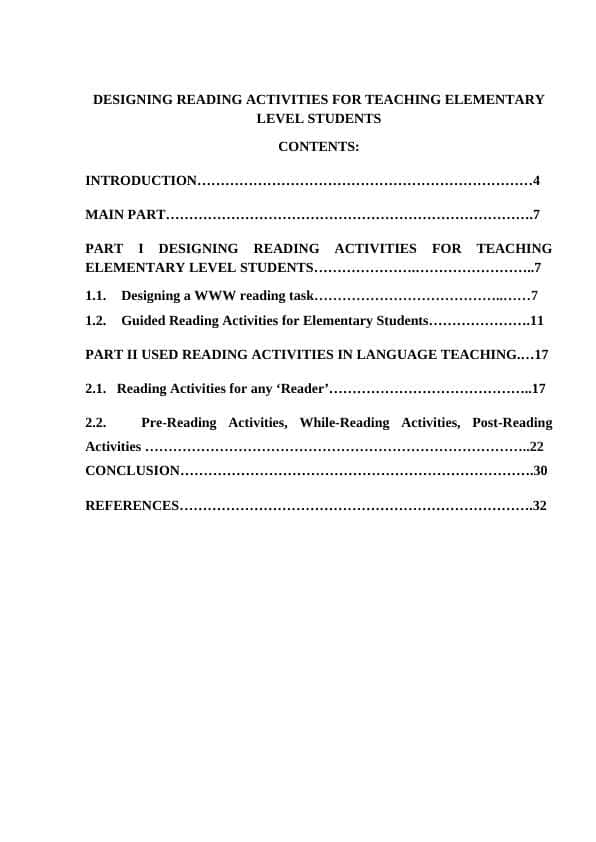 DESIGNING READING ACTIVITIES FOR TEACHING ELEMENTARY LEVEL STUDENTS course paper