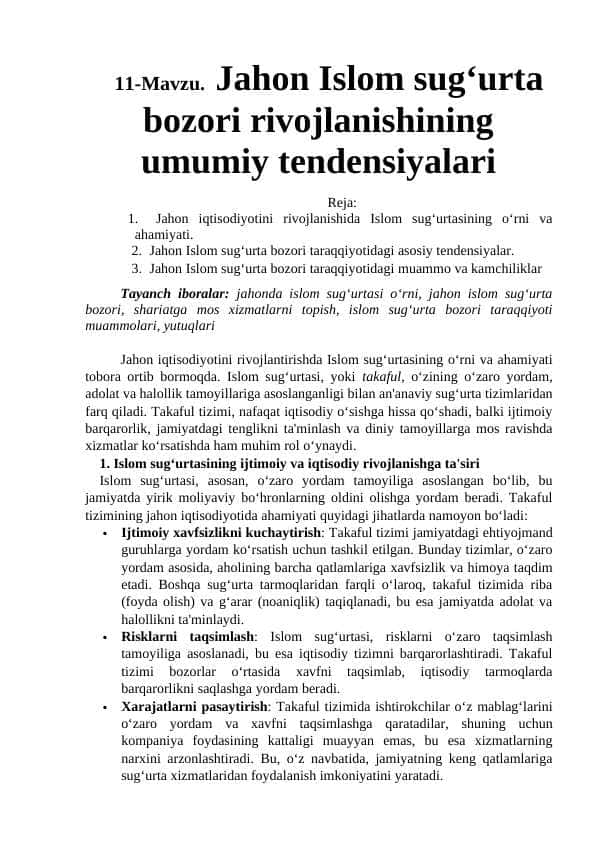 Jahon Islom sug‘urta bozori rivojlanishining umumiy tendensiyalari