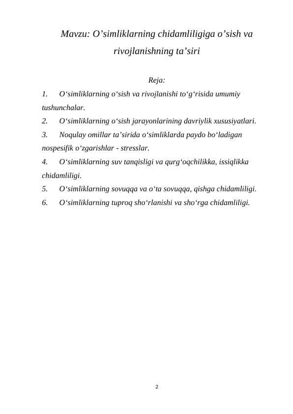 O’simliklarning chidamliligiga o’sish va rivojlanishning ta’siri