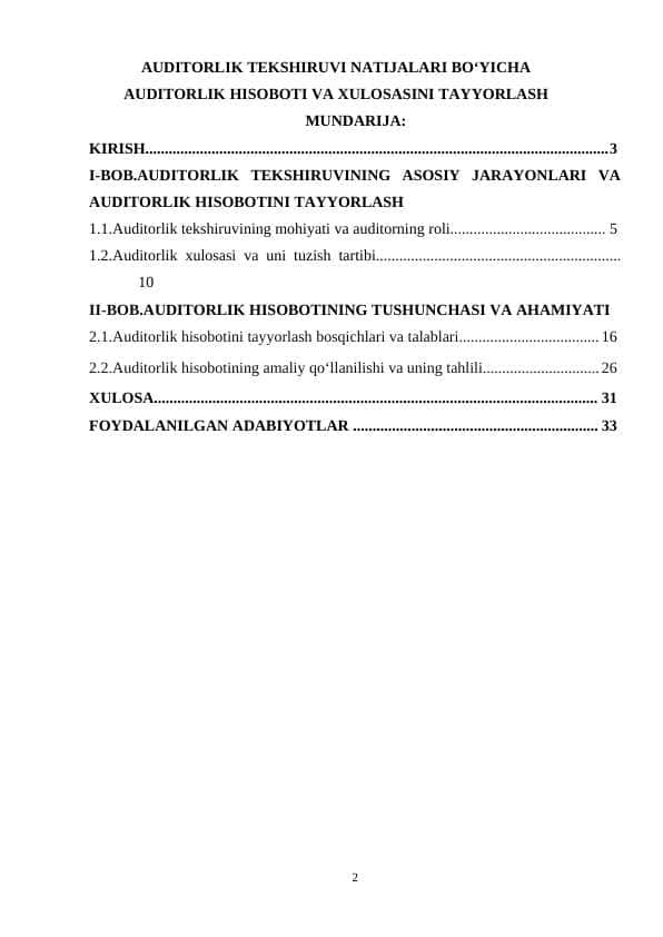 AUDITORLIK TEKSHIRUVI NATIJALARI BOʻYICHA AUDITORLIK HISOBOTI VA XULOSASINI TAYYORLASH