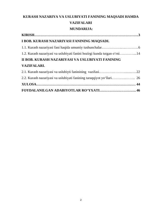 KURASH NAZARIYA VA USLUBIYATI FANINING MAQSADI HAMDA VAZIFALARI
