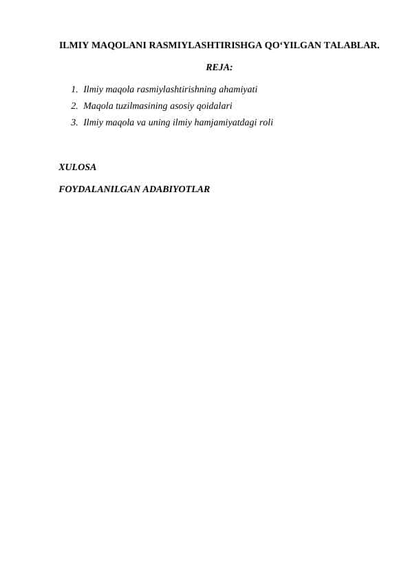 ILMIY MAQOLANI RASMIYLASHTIRISHGA QOʻYILGAN TALABLAR.