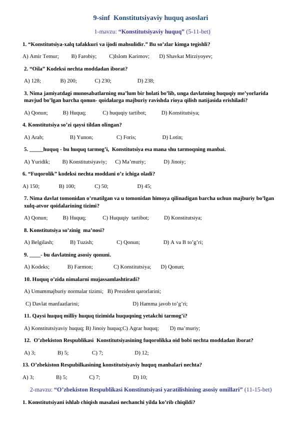 9-Sinf Huquq fanidan mavzulashtirilgan testlar toʻplami