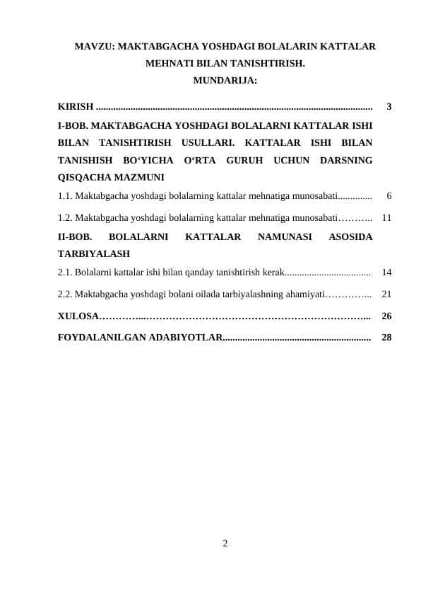 Maktabgacha yoshdagi bolalarin kattalar mehnati bilan tanishtirish.