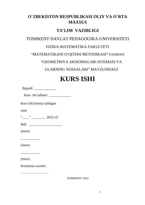GEOMETRIYA AKSIOMALARI SITEMASI VA UNING XOSSALARI