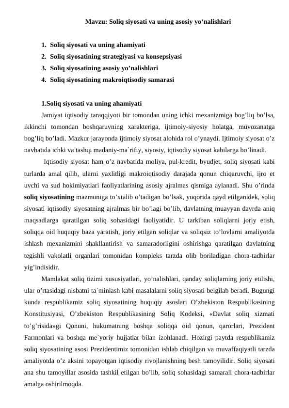 Soliq siyosati va uning asosiy yo‘nalishlari
