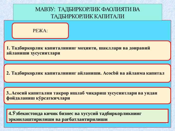 ТАДБИРКОРЛИК ФАОЛИЯТИ ВА ТАДБИРКОРЛИК КАПИТАЛИ
