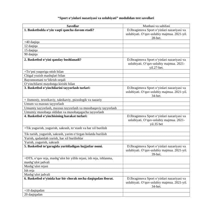 Sport o'yinlari nazariyasi va uslubiyati modulidan test savollari