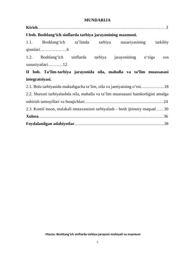 Boshlang‘ich sinflarda tarbiya jarayoni mohiyati va mazmuni