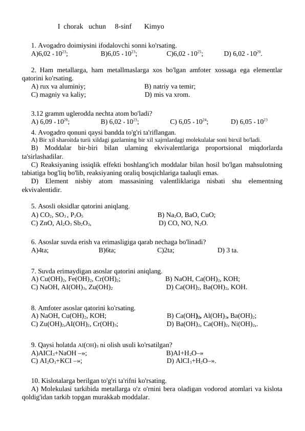 8-sinf kimyo test