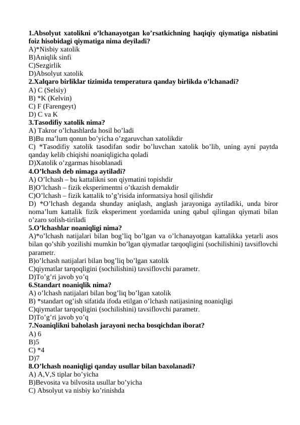 "Metrologiya"fanidan Qoshimcha testlar banki va javoblari bilan 2